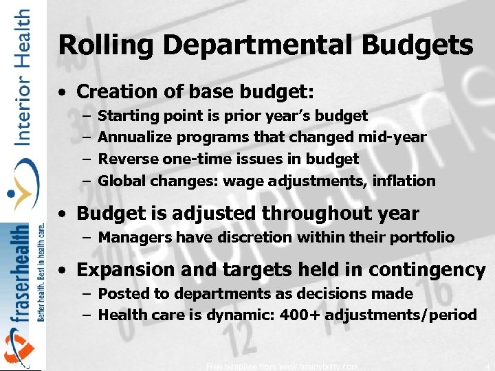 Rolling Departmental Budgets • Creation of base budget: – – Starting point is prior