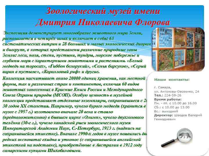 Зоологический музей имени Дмитрия Николаевича Флорова Экспозиция демонстрирует многообразие животного мира Земли, располагается в