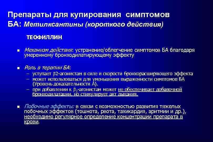 Препараты для купирования симптомов БА: Метилксантины (короткого действия) ТЕОФИЛЛИН Механизм действия: устранение/облегчение симптомов БА