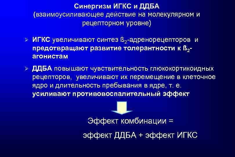Синергизм ИГКС и ДДБА (взаимоусиливающее действие на молекулярном и рецепторном уровне) Ø ИГКС увеличивают