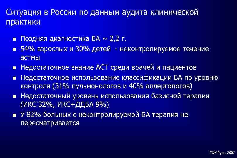 Ситуация в России по данным аудита клинической практики Поздняя диагностика БА ~ 2, 2