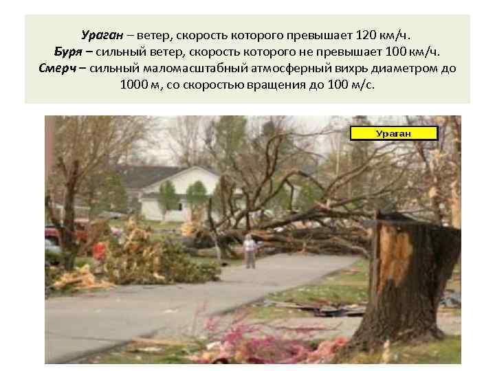 Ураган – ветер, скорость которого превышает 120 км/ч. Буря – сильный ветер, скорость которого