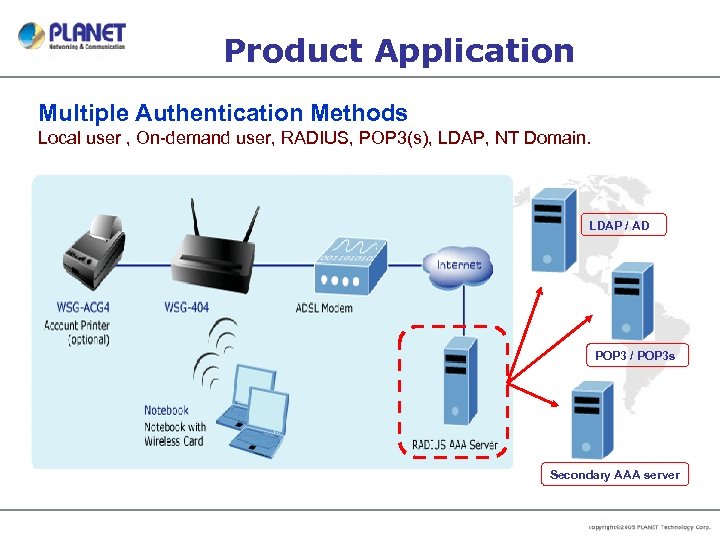 Product Application Multiple Authentication Methods Local user , On-demand user, RADIUS, POP 3(s), LDAP,