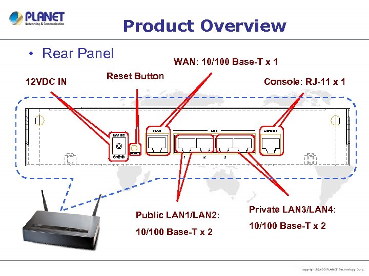 Product Overview • Rear Panel 12 VDC IN WAN: 10/100 Base-T x 1 Reset