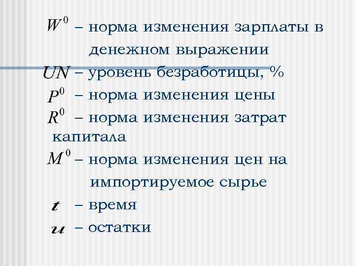  норма изменения зарплаты в денежном выражении уровень безработицы, % норма изменения цены норма