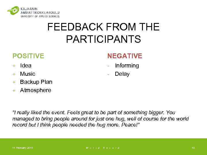 FEEDBACK FROM THE PARTICIPANTS POSITIVE NEGATIVE + + - Idea Music Backup Plan Atmosphere