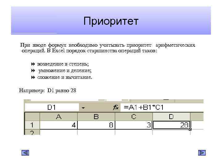 Приоритет При вводе формул необходимо учитывать приоритет арифметических операций. В Excel порядок старшинства операций