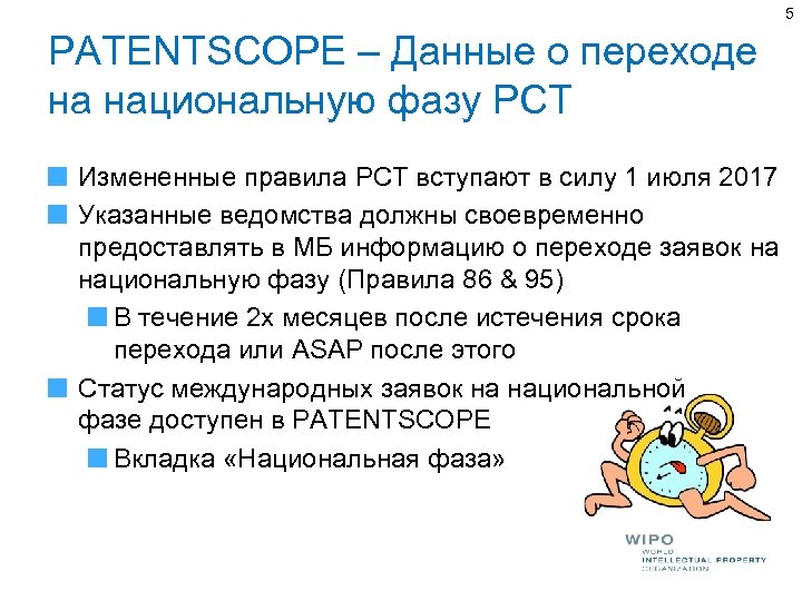 5 PATENTSCOPE – Данные о переходе на национальную фазу РСТ Измененные правила PCT вступают