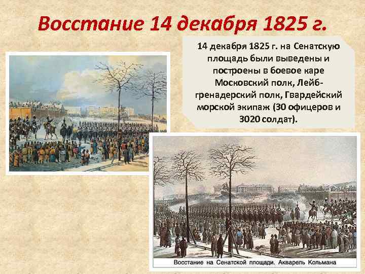 Восстание 14 декабря 1825 г. на Сенатскую площадь были выведены и построены в боевое