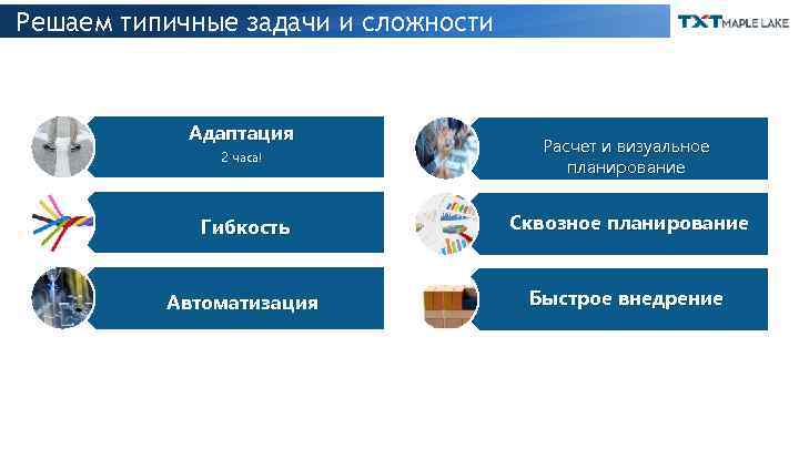Решаем типичные задачи и сложности Адаптация 2 часа! Расчет и визуальное планирование Гибкость Сквозное