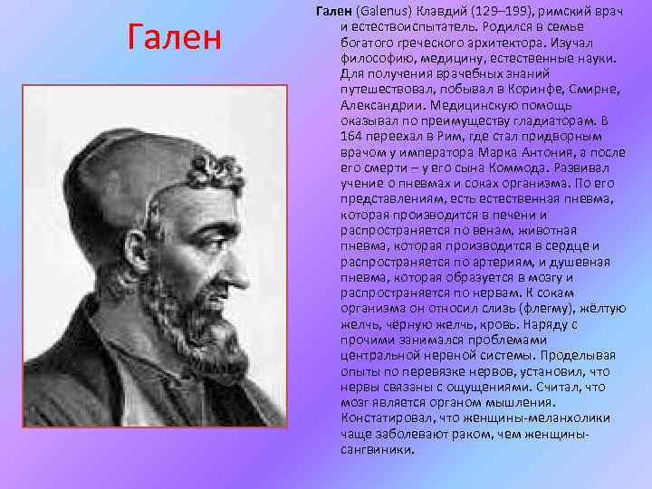 Гален (Galenus) Клавдий (129– 199), римский врач и естествоиспытатель. Родился в семье богатого греческого