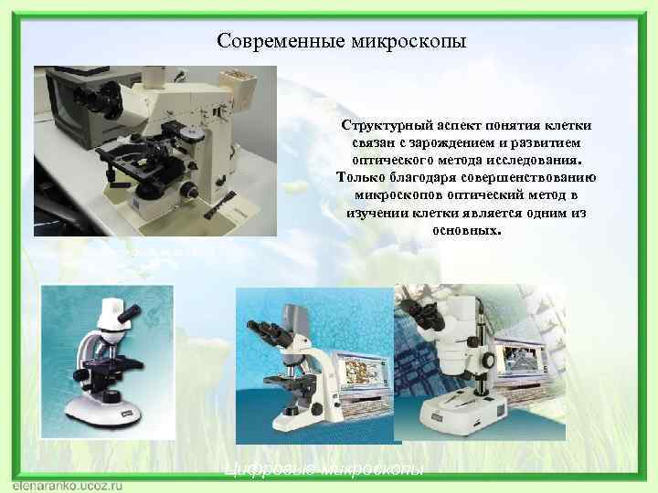 Современные микроскопы Структурный аспект понятия клетки связан с зарождением и развитием оптического метода исследования.