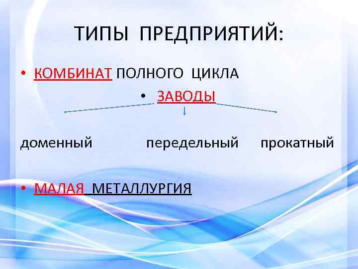 ТИПЫ ПРЕДПРИЯТИЙ: • КОМБИНАТ ПОЛНОГО ЦИКЛА • ЗАВОДЫ доменный передельный • МАЛАЯ МЕТАЛЛУРГИЯ прокатный