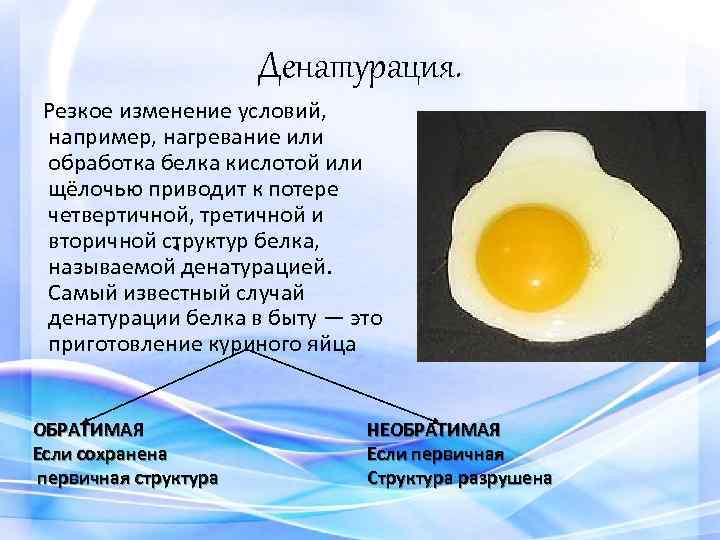 Денатурация. Резкое изменение условий, например, нагревание или обработка белка кислотой или щёлочью приводит к