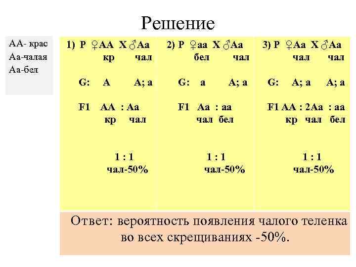 Решение АА- крас Аа-чалая Аа-бел 1) Р ♀АА X ♂Аa кр чал G: А