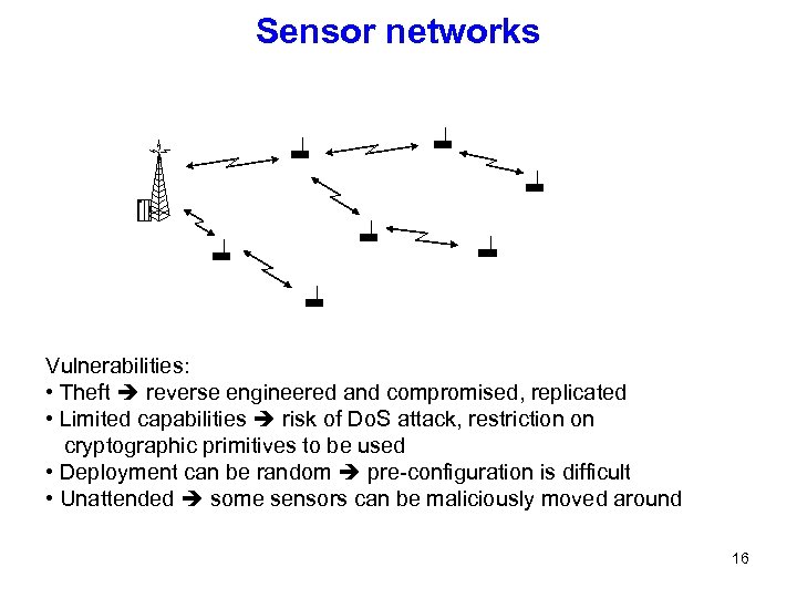 Sensor networks Vulnerabilities: • Theft reverse engineered and compromised, replicated • Limited capabilities risk