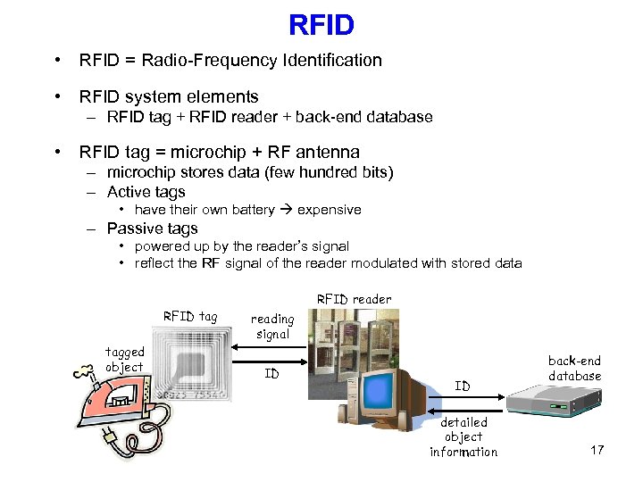 RFID • RFID = Radio-Frequency Identification • RFID system elements – RFID tag +