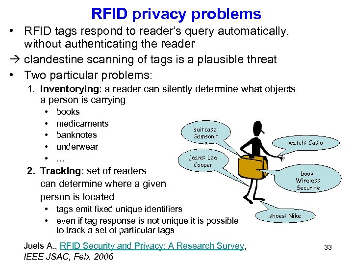 RFID privacy problems • RFID tags respond to reader’s query automatically, without authenticating the