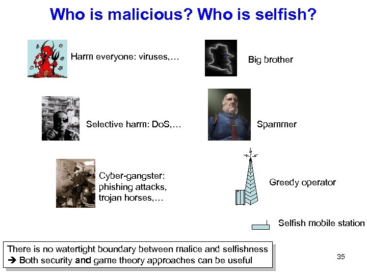 Who is malicious? Who is selfish? Harm everyone: viruses, … Selective harm: Do. S,