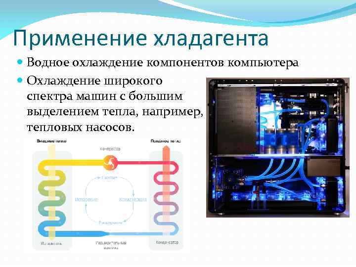 Применение хладагента Водное охлаждение компонентов компьютера Охлаждение широкого спектра машин с большим выделением тепла,