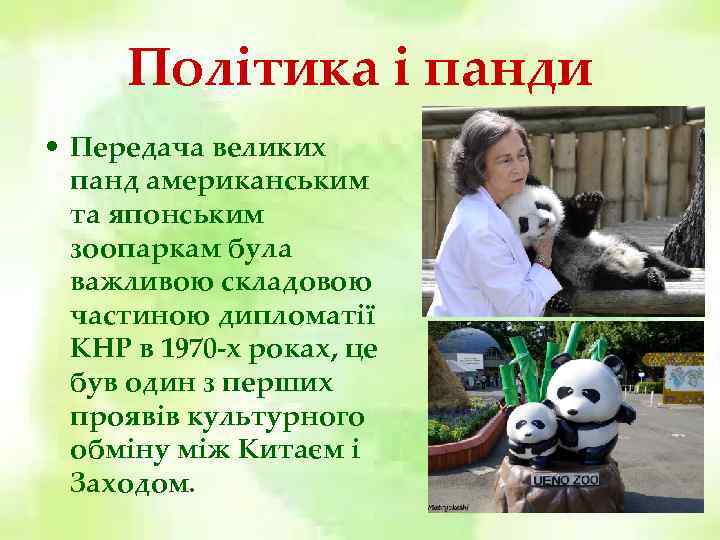 Політика і панди • Передача великих панд американським та японським зоопаркам була важливою складовою