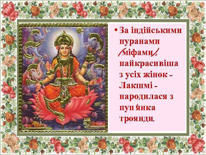  • За індійськими пуранами (міфами), найкрасивіша з усіх жінок Лакшмі народилася з пуп'янка