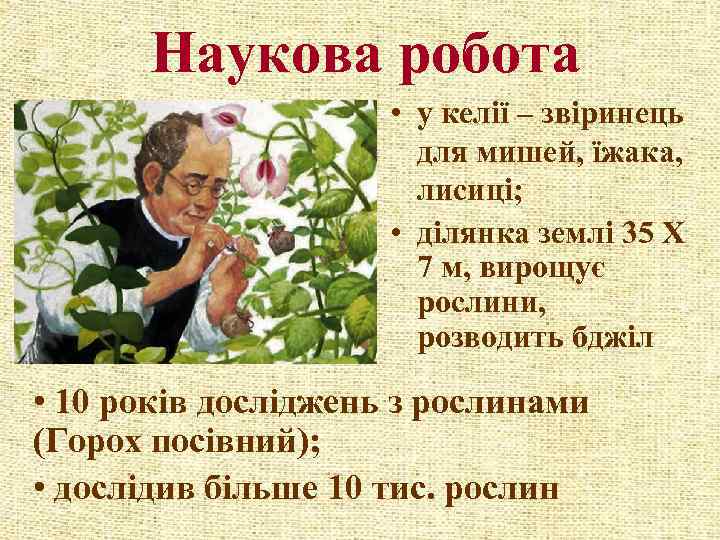 Наукова робота • у келії – звіринець для мишей, їжака, лисиці; • ділянка землі