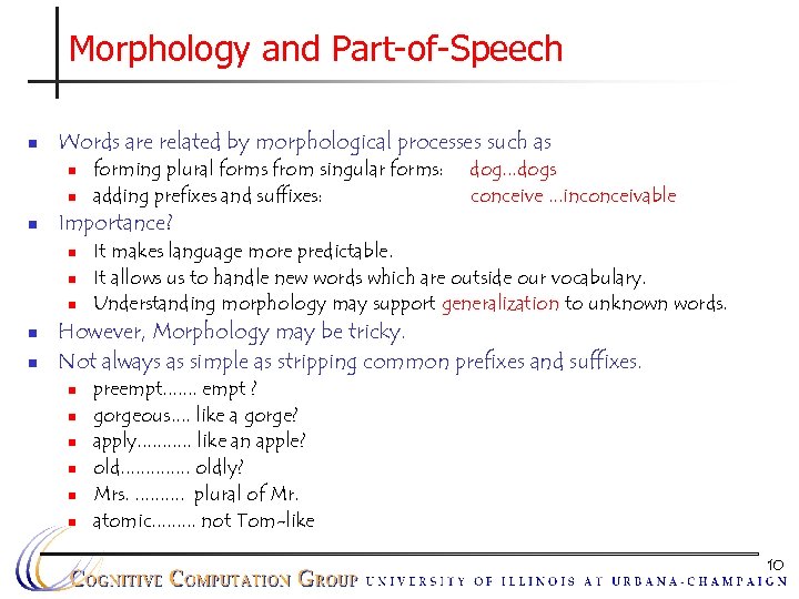 Morphology and Part-of-Speech n Words are related by morphological processes such as n n