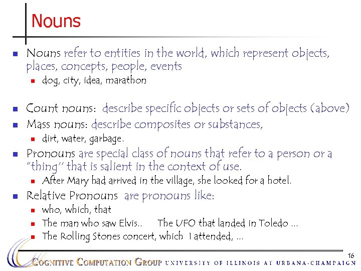 Nouns n Nouns refer to entities in the world, which represent objects, places, concepts,