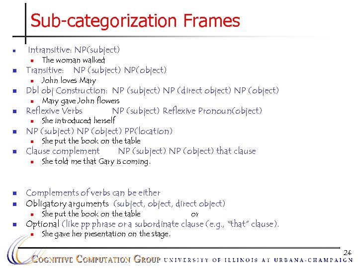 Sub-categorization Frames n Intransitive: NP(subject) n n Transitive: n n n She put the