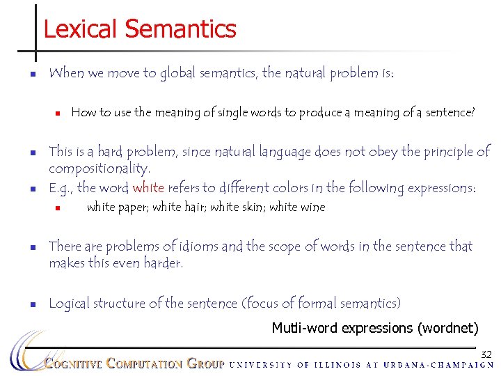 Lexical Semantics n When we move to global semantics, the natural problem is: n