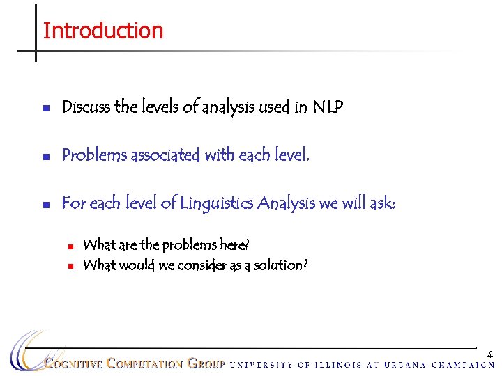 Introduction n Discuss the levels of analysis used in NLP n Problems associated with