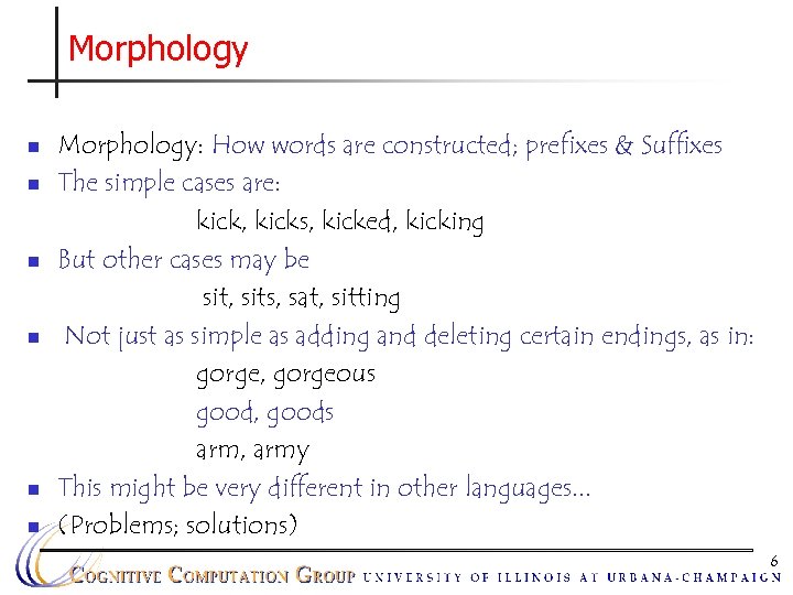 Morphology n n n Morphology: How words are constructed; prefixes & Suffixes The simple