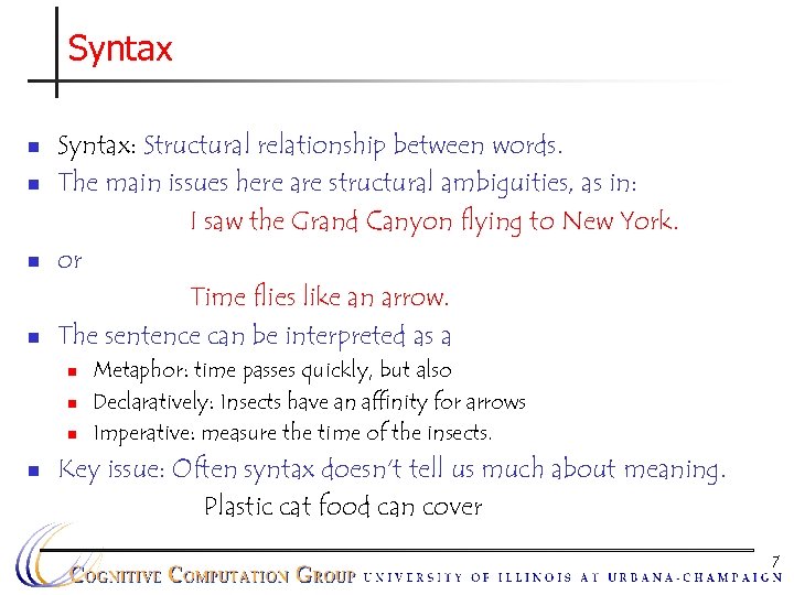 Syntax n n Syntax: Structural relationship between words. The main issues here are structural