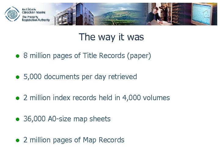 The way it was l 8 million pages of Title Records (paper) l 5,