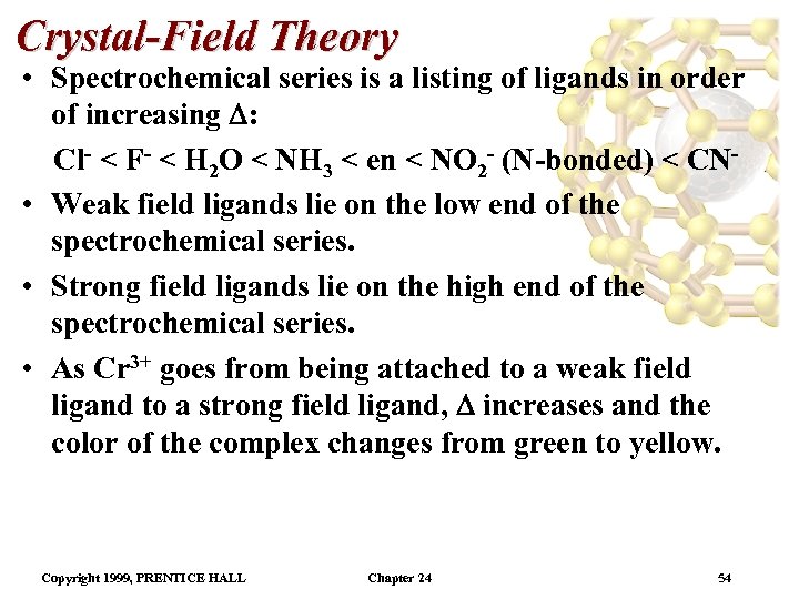 Crystal-Field Theory • Spectrochemical series is a listing of ligands in order of increasing