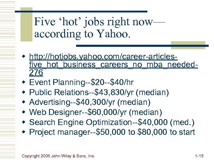 Five ‘hot’ jobs right now— according to Yahoo. w http: //hotjobs. yahoo. com/career-articlesfive_hot_business_careers_no_mba_needed 276
