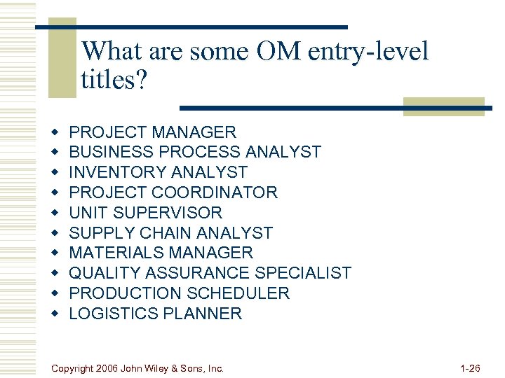 What are some OM entry-level titles? w w w w w PROJECT MANAGER BUSINESS