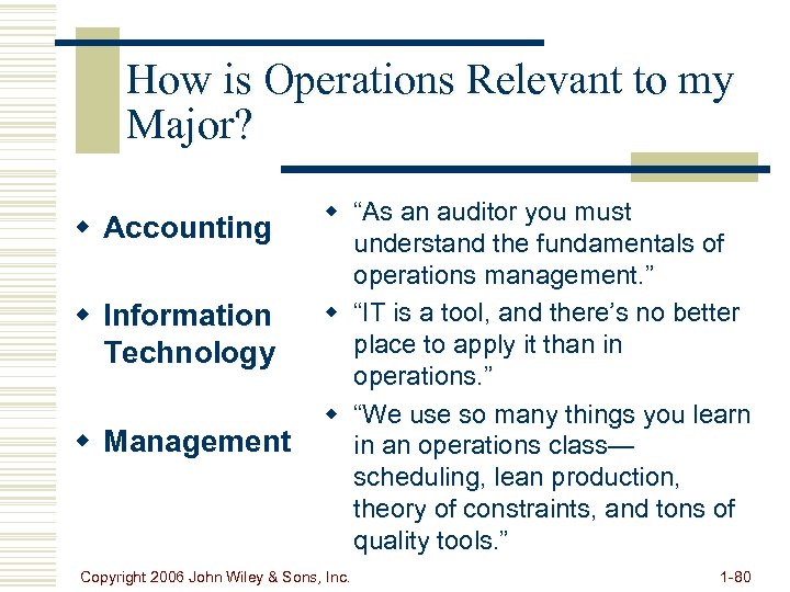 How is Operations Relevant to my Major? w Accounting w Information Technology w Management