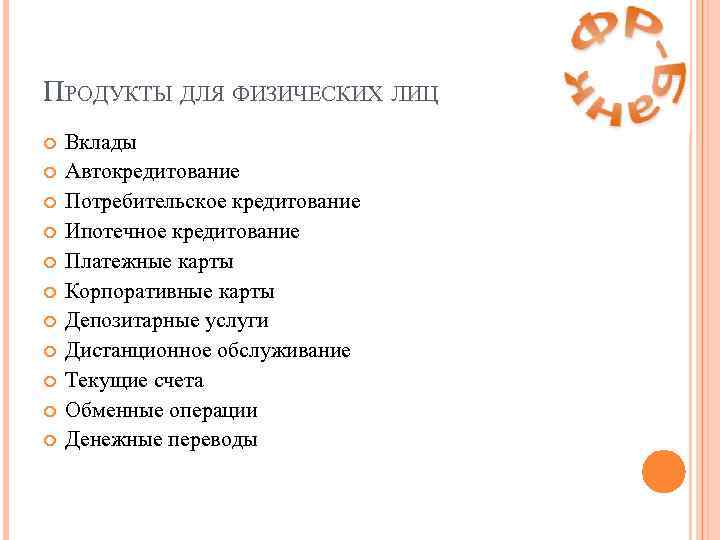 ПРОДУКТЫ ДЛЯ ФИЗИЧЕСКИХ ЛИЦ Вклады Автокредитование Потребительское кредитование Ипотечное кредитование Платежные карты Корпоративные карты