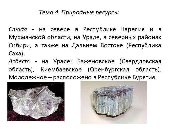Тема 4. Природные ресурсы Слюда - на севере в Республике Карелия и в Мурманской