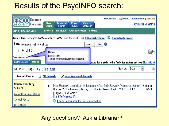 Results of the Psyc. INFO search: Any questions? Ask a Librarian! 