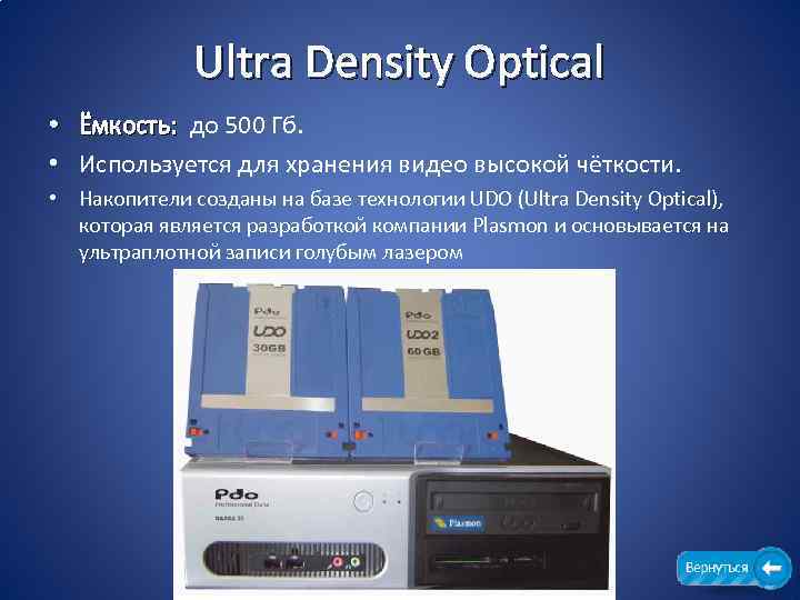 Ultra Density Optical • Ёмкость: до 500 Гб. • Используется для хранения видео высокой