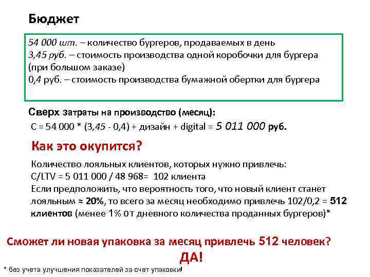 Бюджет 54 000 шт. – количество бургеров, продаваемых в день 3, 45 руб. –