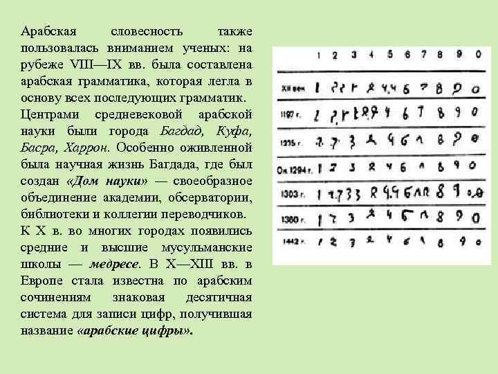 Арабская словесность также пользовалась вниманием ученых: на рубеже VIII—IX вв. была составлена арабская грамматика,