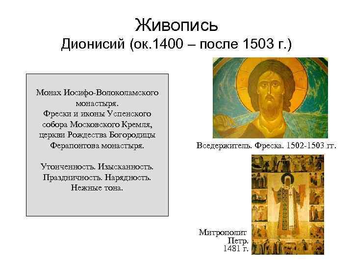 Живопись Дионисий (ок. 1400 – после 1503 г. ) Монах Иосифо-Волоколамского монастыря. Фрески и