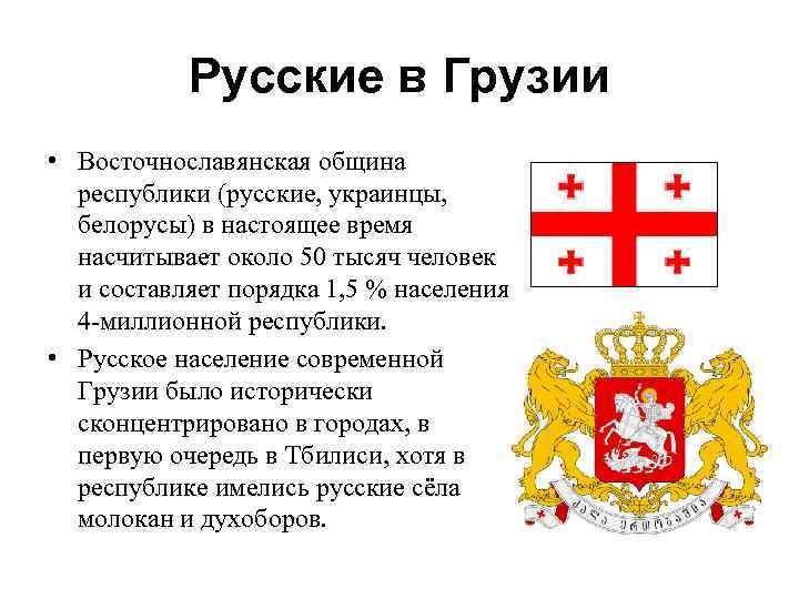 Русские в Грузии • Восточнославянская община республики (русские, украинцы, белорусы) в настоящее время насчитывает