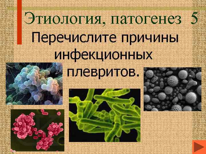 Этиология, патогенез 5 Перечислите причины инфекционных плевритов. 
