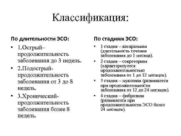 Классификация: По длительности ЭСО: • 1. Острый– продолжительность заболевания до 3 недель. • 2.