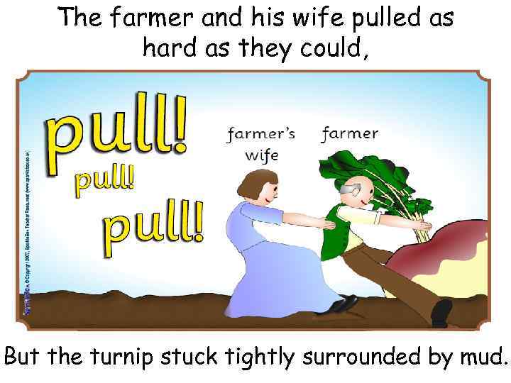 The farmer and his wife pulled as hard as they could, But the turnip